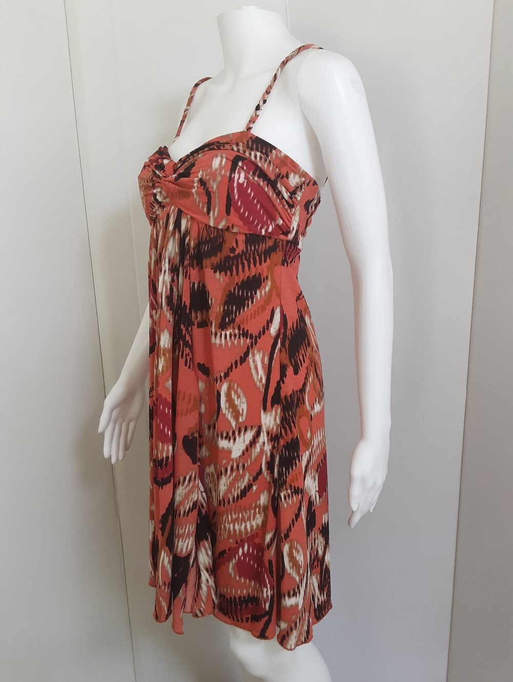 BISOU BISOU Rust Multi-Print Spaghetti Strap Babydoll Dress Sz 12 - Picture 3 of 8